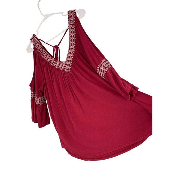 Simply Emma 2X Red Cold Shoulder Bell Sleeve V-Neck Embroider Tunic Top RW10334 - Picture 8 of 10